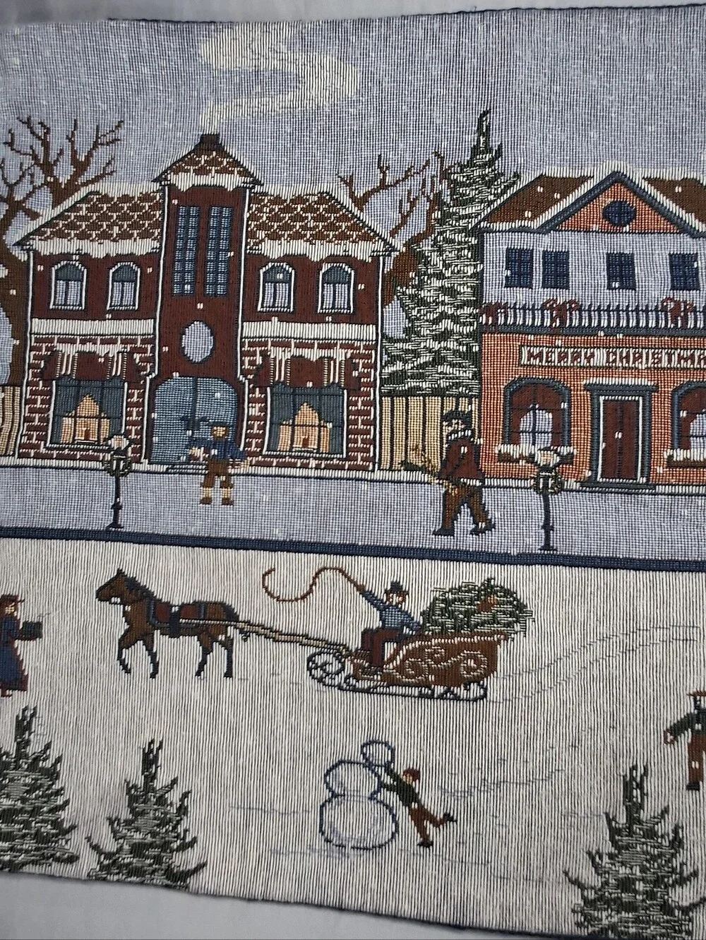 Vtg Christmas Winter Scene Tapestry Table Runner Wall Hanging Holiday Ice Skate